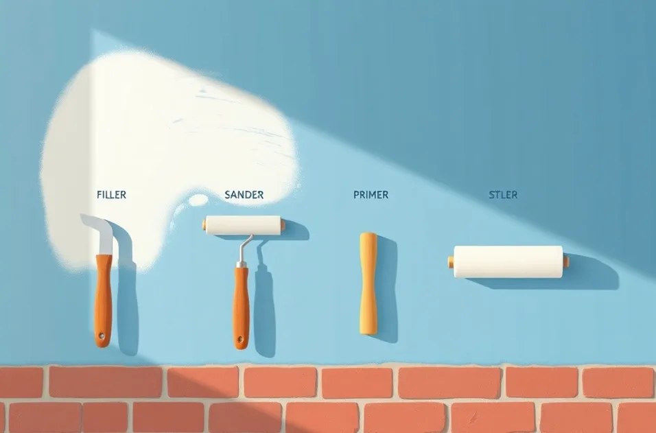 Outils de peinture disposés dans l'ordre des étapes du chantier