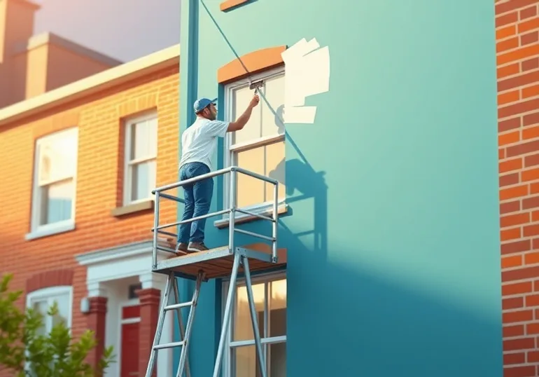 Peintre sur échafaudage traitant la façade d'une maison