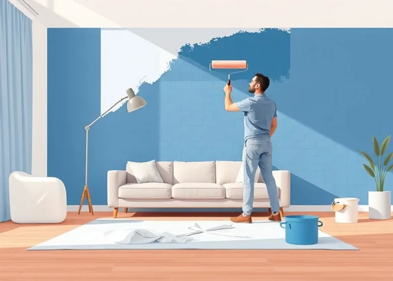 Peintre appliquant la peinture au rouleau sur un mur de salon